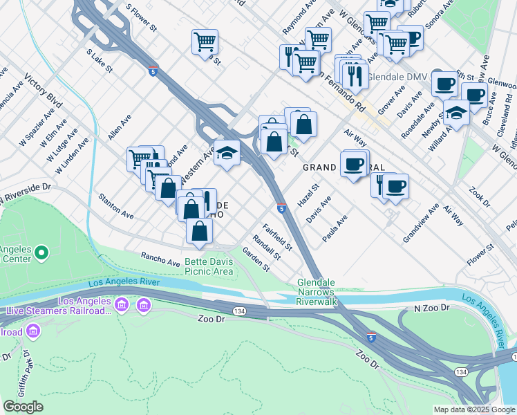 map of restaurants, bars, coffee shops, grocery stores, and more near 1516 Lake Street in Glendale