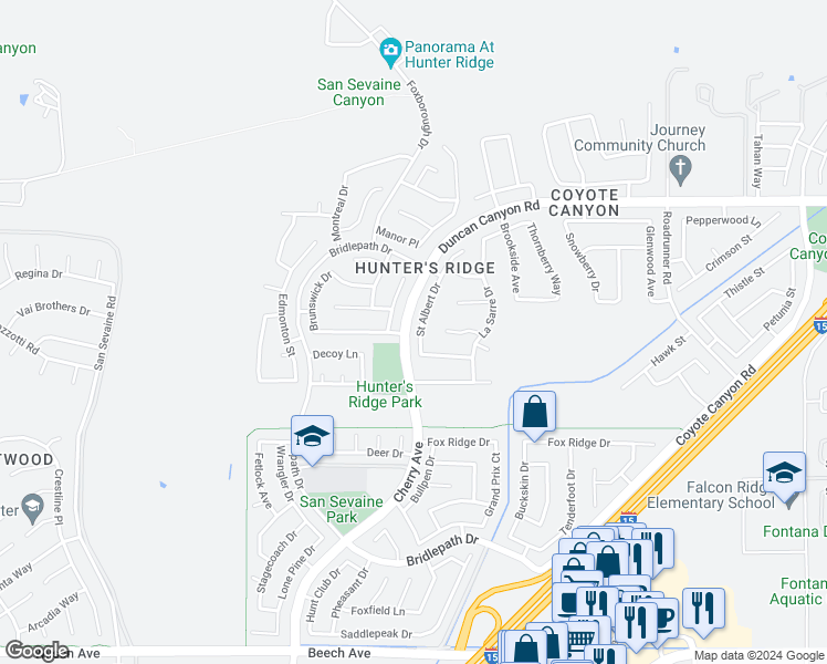 map of restaurants, bars, coffee shops, grocery stores, and more near 5132 Saint Albert Drive in Fontana