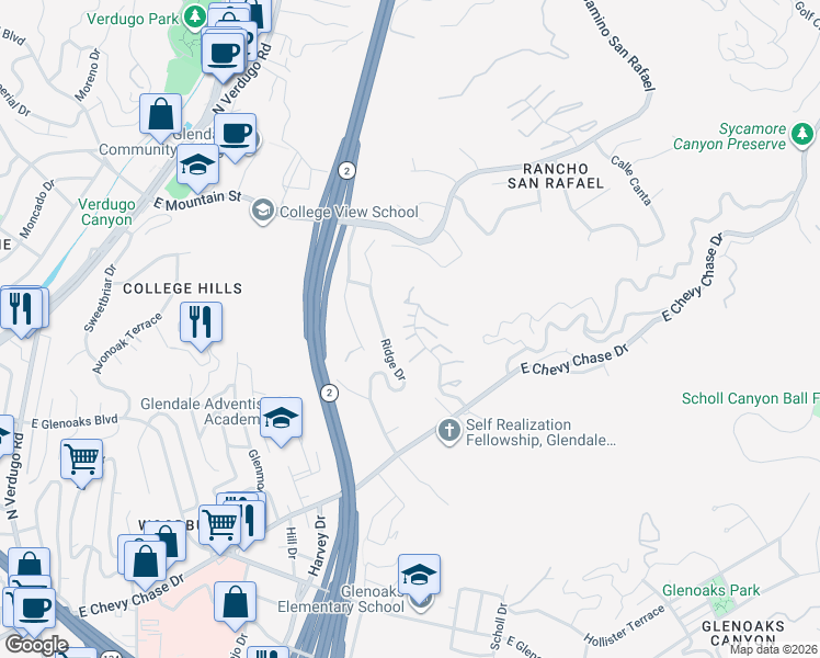 map of restaurants, bars, coffee shops, grocery stores, and more near 67 Penhill Court in Glendale