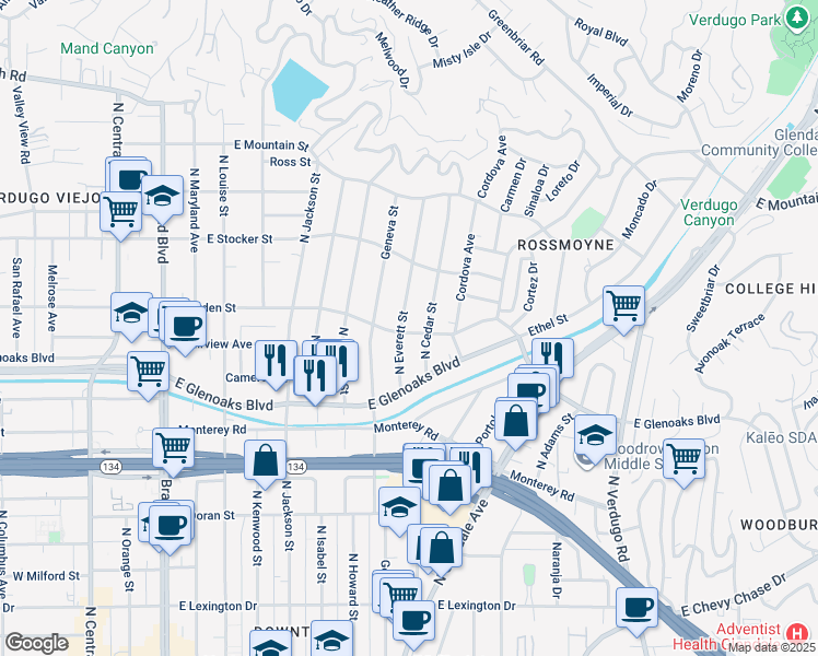 map of restaurants, bars, coffee shops, grocery stores, and more near 1100 North Everett Street in Glendale