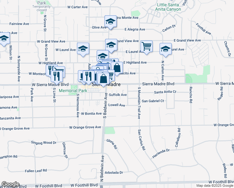 map of restaurants, bars, coffee shops, grocery stores, and more near 67 Suffolk Avenue in Sierra Madre