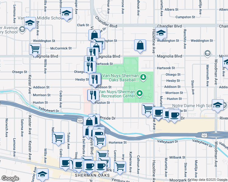 map of restaurants, bars, coffee shops, grocery stores, and more near 14340 Addison Street in Los Angeles