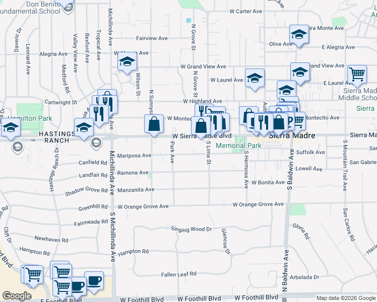map of restaurants, bars, coffee shops, grocery stores, and more near 421 Mariposa Avenue in Sierra Madre