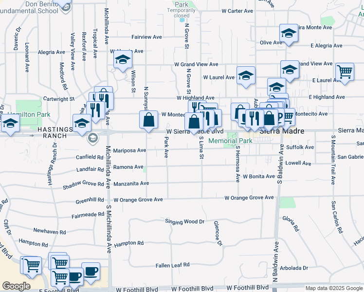 map of restaurants, bars, coffee shops, grocery stores, and more near 2 Mariposa Avenue in Sierra Madre