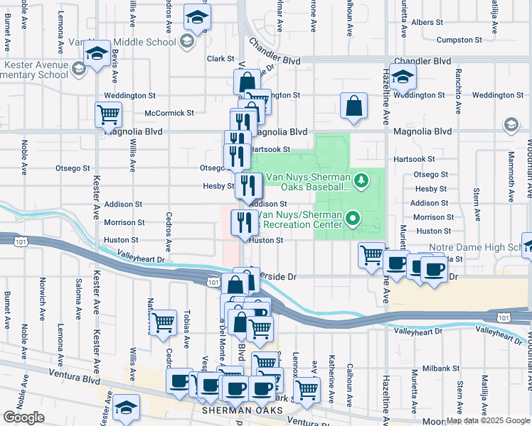 map of restaurants, bars, coffee shops, grocery stores, and more near 14414 Addison Street in Los Angeles