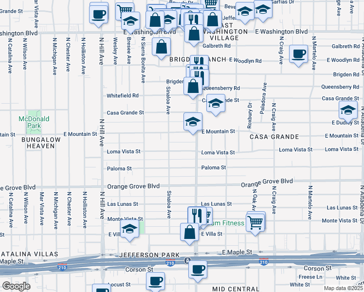 map of restaurants, bars, coffee shops, grocery stores, and more near 1749 Loma Vista Street in Pasadena
