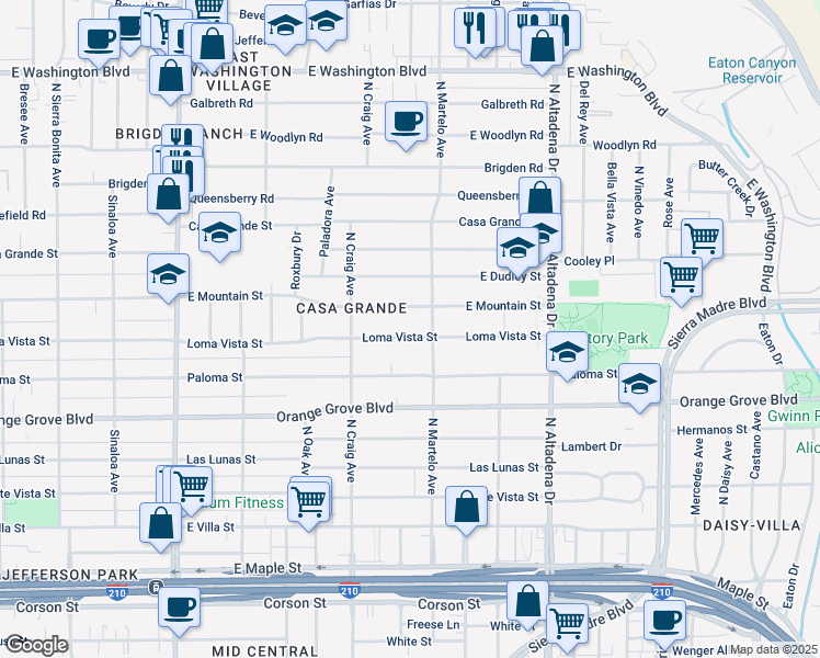 map of restaurants, bars, coffee shops, grocery stores, and more near 2255 Loma Vista Street in Pasadena