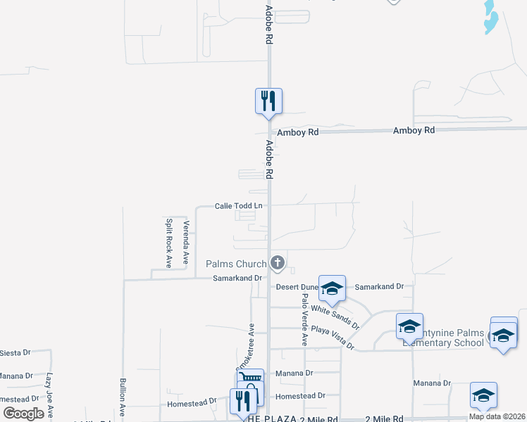 map of restaurants, bars, coffee shops, grocery stores, and more near 5134 Adobe Road in Twentynine Palms