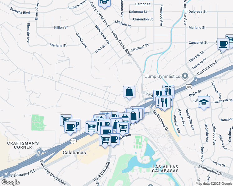map of restaurants, bars, coffee shops, grocery stores, and more near 23621 Long Valley Road in Hidden Hills