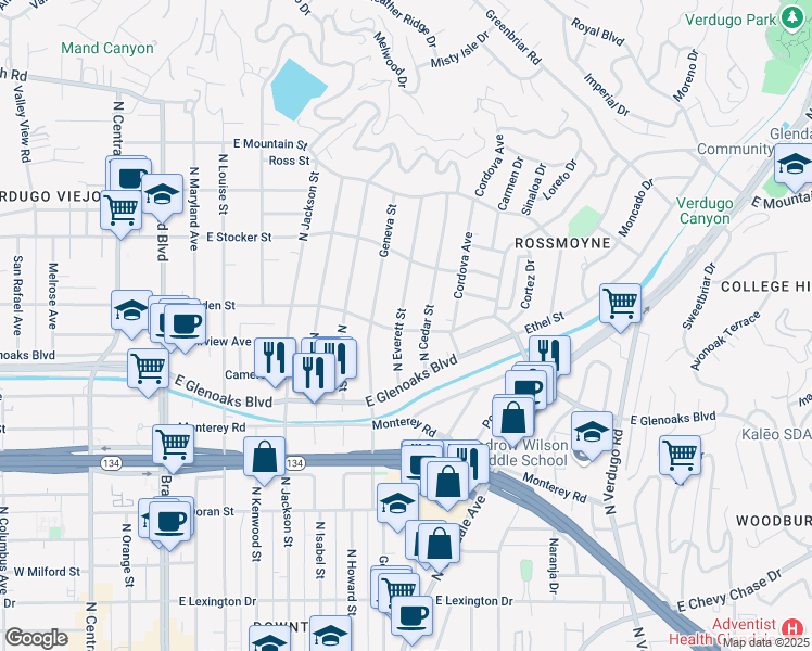 map of restaurants, bars, coffee shops, grocery stores, and more near 1100 North Everett Street in Glendale