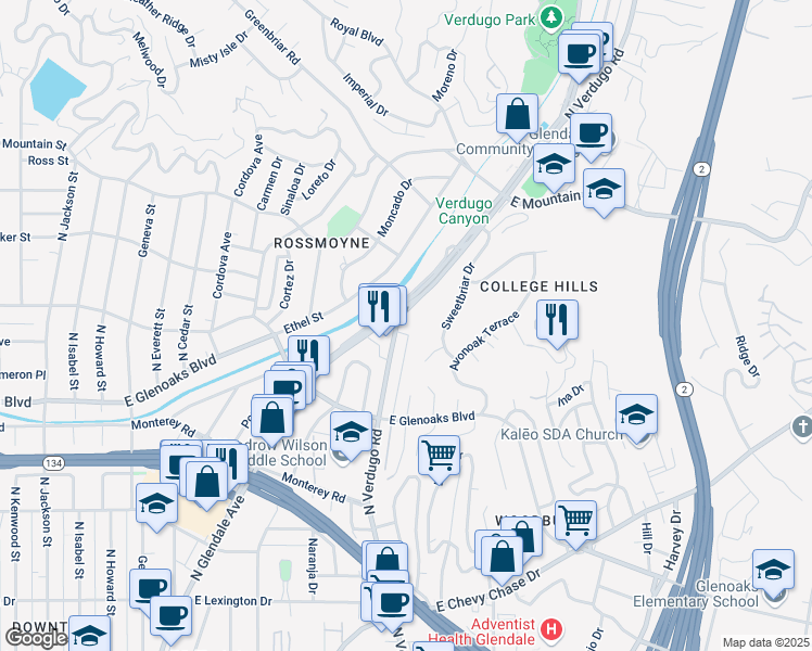 map of restaurants, bars, coffee shops, grocery stores, and more near 1110 North Verdugo Road in Glendale