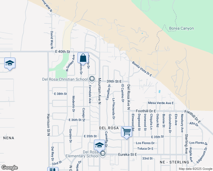 map of restaurants, bars, coffee shops, grocery stores, and more near 3885 Mountain Avenue North in San Bernardino