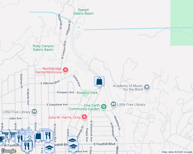 map of restaurants, bars, coffee shops, grocery stores, and more near 457 Norumbega Road in Monrovia