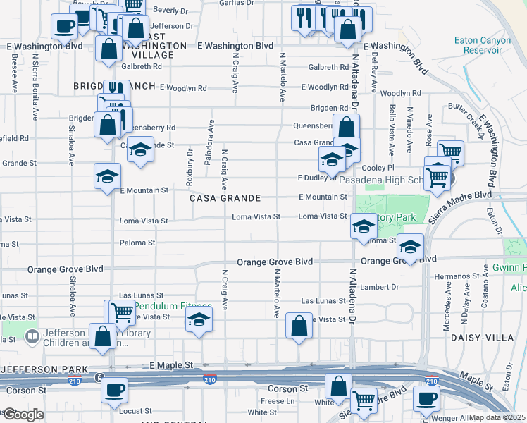 map of restaurants, bars, coffee shops, grocery stores, and more near 2255 Loma Vista Street in Pasadena