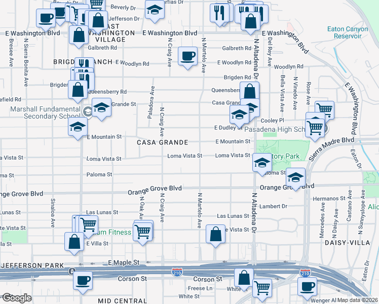 map of restaurants, bars, coffee shops, grocery stores, and more near 2247 Loma Vista Street in Pasadena