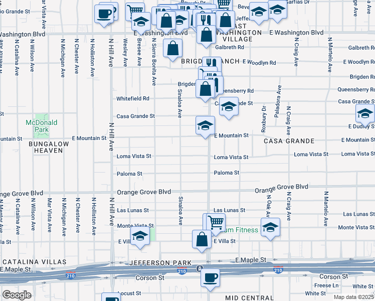 map of restaurants, bars, coffee shops, grocery stores, and more near 1749 Loma Vista Street in Pasadena