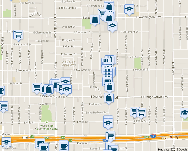 map of restaurants, bars, coffee shops, grocery stores, and more near 734 East Mountain Street in Pasadena