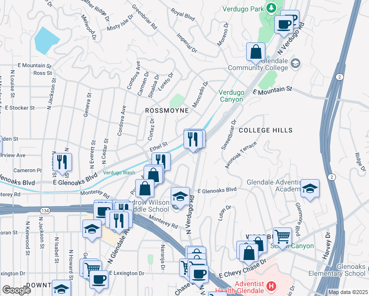 map of restaurants, bars, coffee shops, grocery stores, and more near 1039 North Glendale Avenue in Glendale