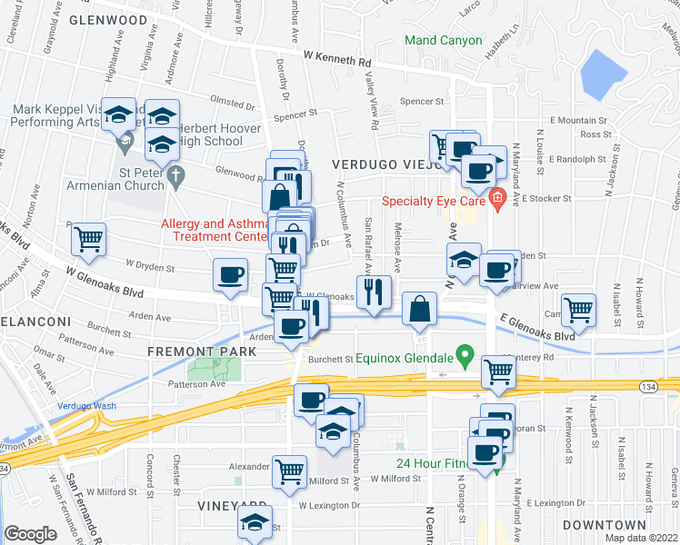map of restaurants, bars, coffee shops, grocery stores, and more near 396 West Dryden Street in Glendale