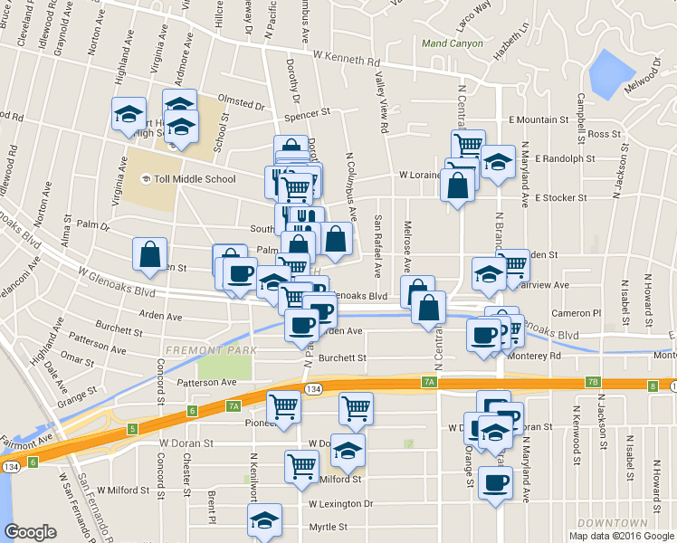map of restaurants, bars, coffee shops, grocery stores, and more near 434 West Dryden Street in Glendale
