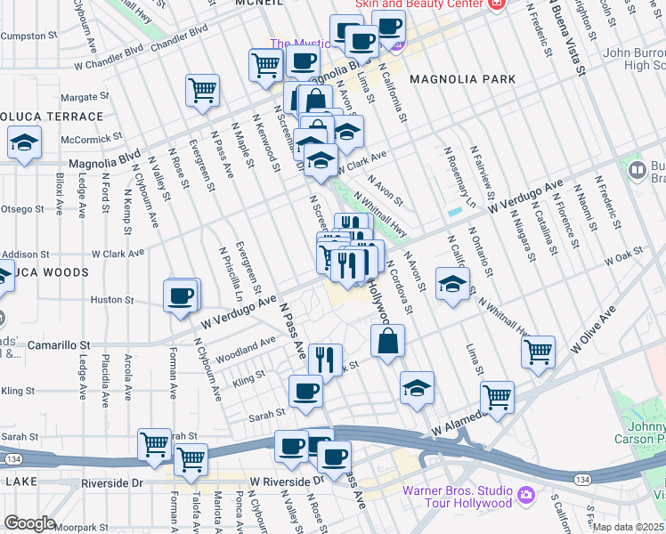 map of restaurants, bars, coffee shops, grocery stores, and more near 612 North Kenwood Street in Burbank