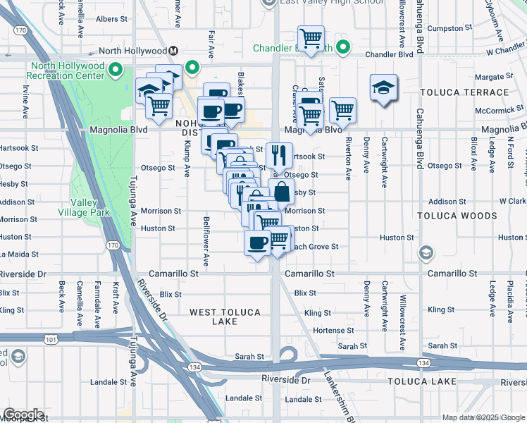 map of restaurants, bars, coffee shops, grocery stores, and more near 11014 Morrison Street in Los Angeles