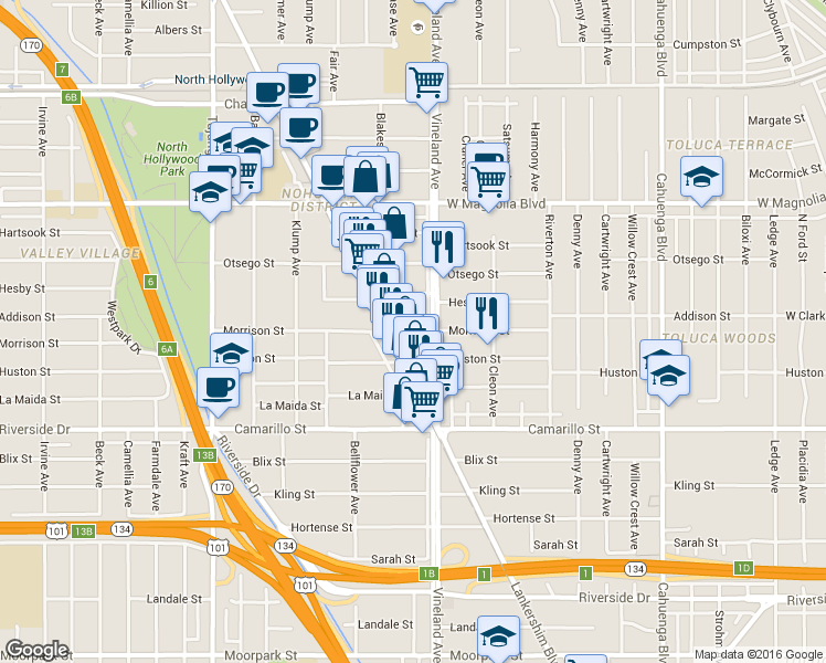 map of restaurants, bars, coffee shops, grocery stores, and more near 11014 Morrison Street in Los Angeles