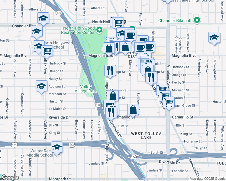 map of restaurants, bars, coffee shops, grocery stores, and more near 5002 Tujunga Avenue in Los Angeles