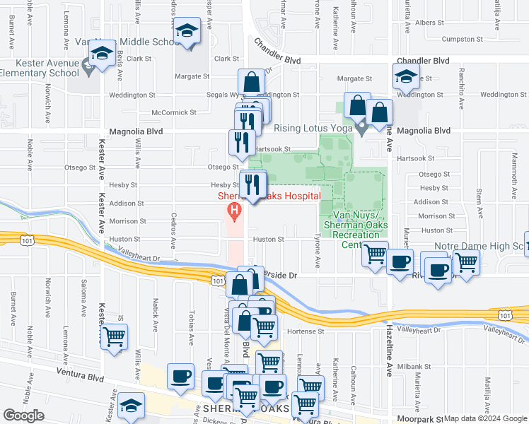 map of restaurants, bars, coffee shops, grocery stores, and more near 14426 Addison Street in Los Angeles