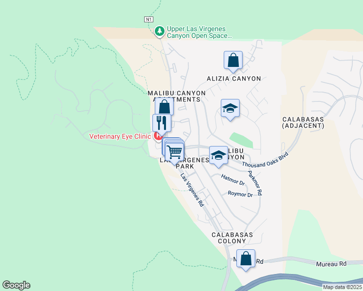 map of restaurants, bars, coffee shops, grocery stores, and more near 26347 Thousand Oaks Boulevard in Calabasas