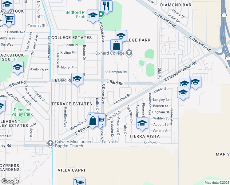 map of restaurants, bars, coffee shops, grocery stores, and more near 4300 Eliot Drive in Oxnard