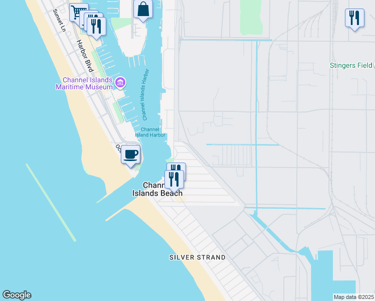 map of restaurants, bars, coffee shops, grocery stores, and more near 3001 Panama Drive in Oxnard