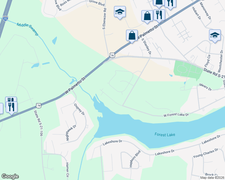 map of restaurants, bars, coffee shops, grocery stores, and more near 1645 Rugby Lane in Florence