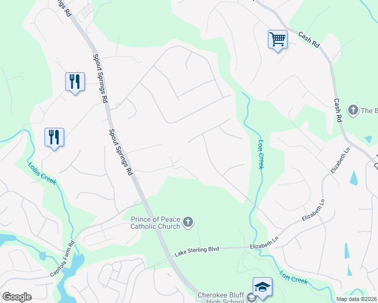 map of restaurants, bars, coffee shops, grocery stores, and more near 5606 Wooded Valley Way in Flowery Branch