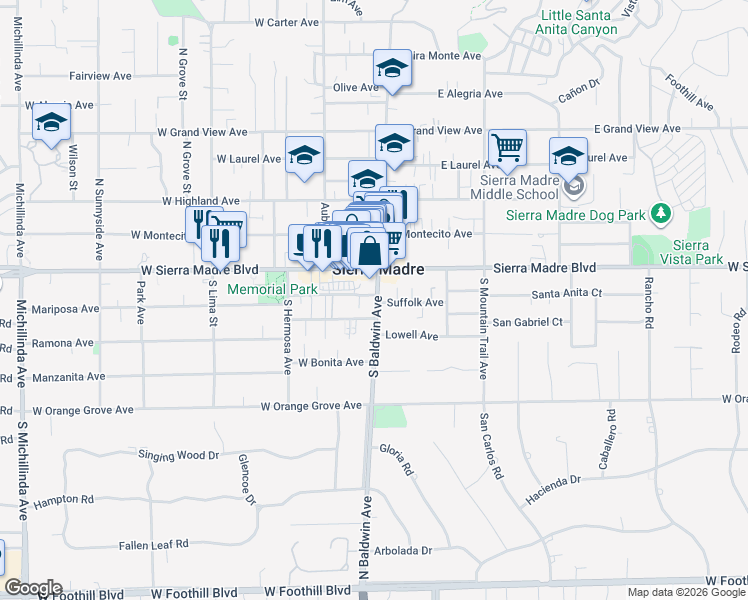 map of restaurants, bars, coffee shops, grocery stores, and more near 0 Mariposa Avenue in Sierra Madre