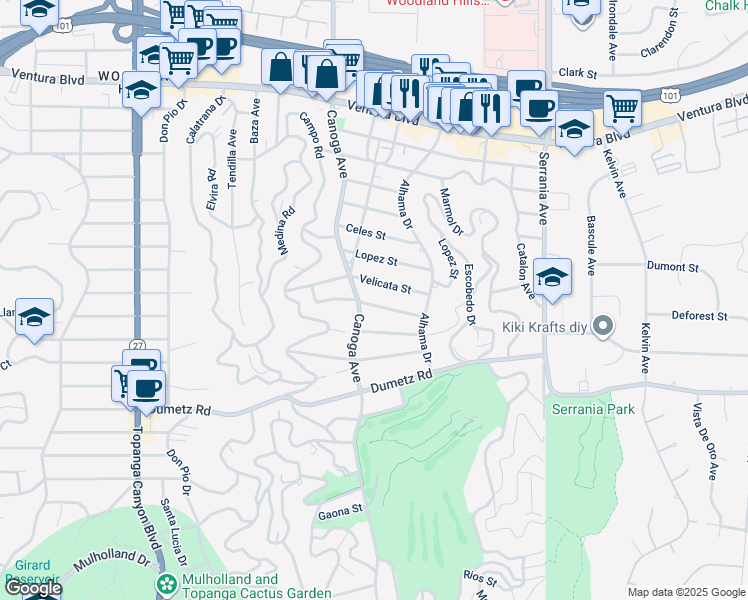 map of restaurants, bars, coffee shops, grocery stores, and more near 21327 De La Osa Street in Los Angeles