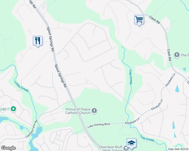 map of restaurants, bars, coffee shops, grocery stores, and more near 5606 Wooded Valley Way in Flowery Branch