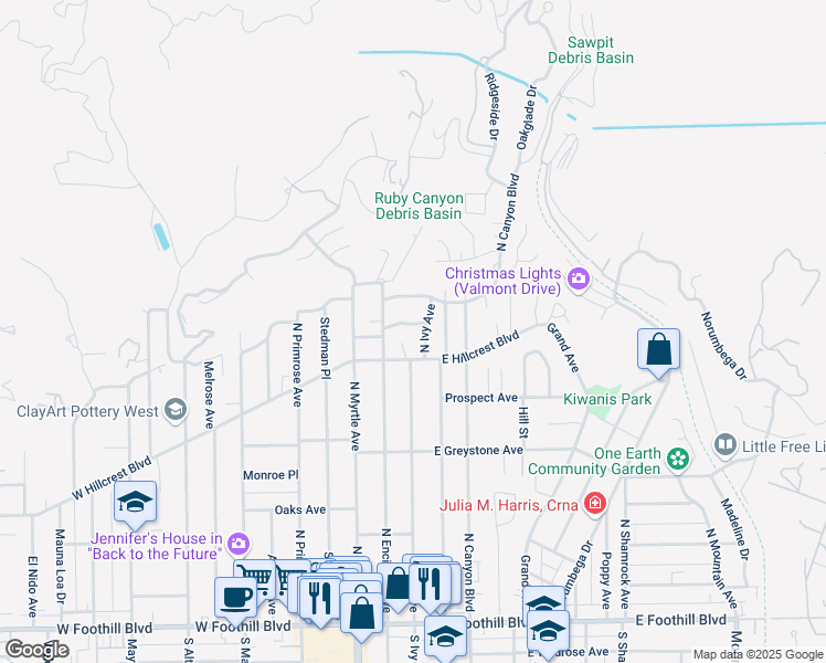 map of restaurants, bars, coffee shops, grocery stores, and more near 156 Seymour Place in Monrovia