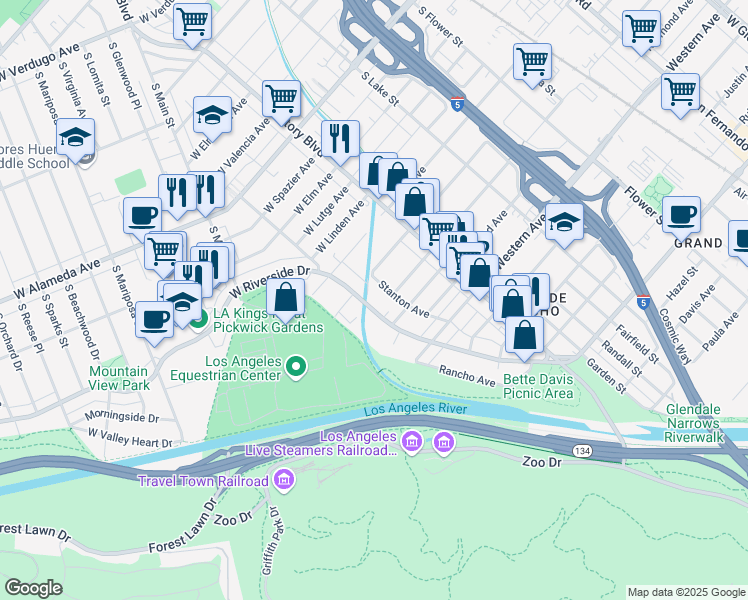 map of restaurants, bars, coffee shops, grocery stores, and more near 1809 Riverside Drive in Glendale