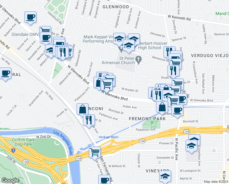 map of restaurants, bars, coffee shops, grocery stores, and more near 815 West Glenoaks Boulevard in Glendale