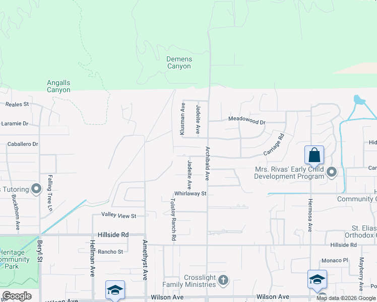 map of restaurants, bars, coffee shops, grocery stores, and more near 9590 Hidden Farm Road in Rancho Cucamonga