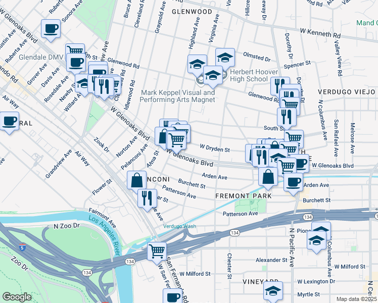 map of restaurants, bars, coffee shops, grocery stores, and more near 815 West Glenoaks Boulevard in Glendale