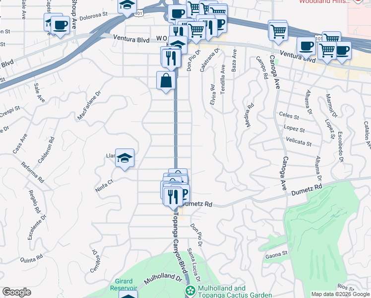 map of restaurants, bars, coffee shops, grocery stores, and more near 21912 Lopez Street in Los Angeles