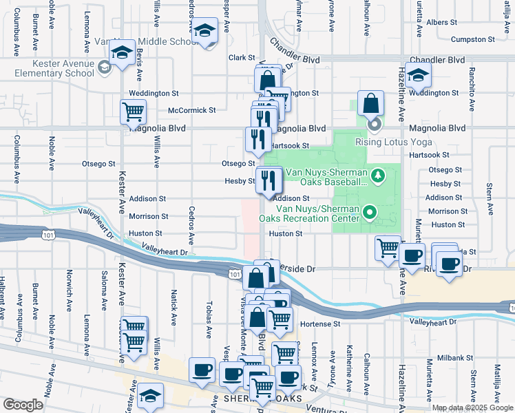 map of restaurants, bars, coffee shops, grocery stores, and more near 4969 Van Nuys Boulevard in Los Angeles