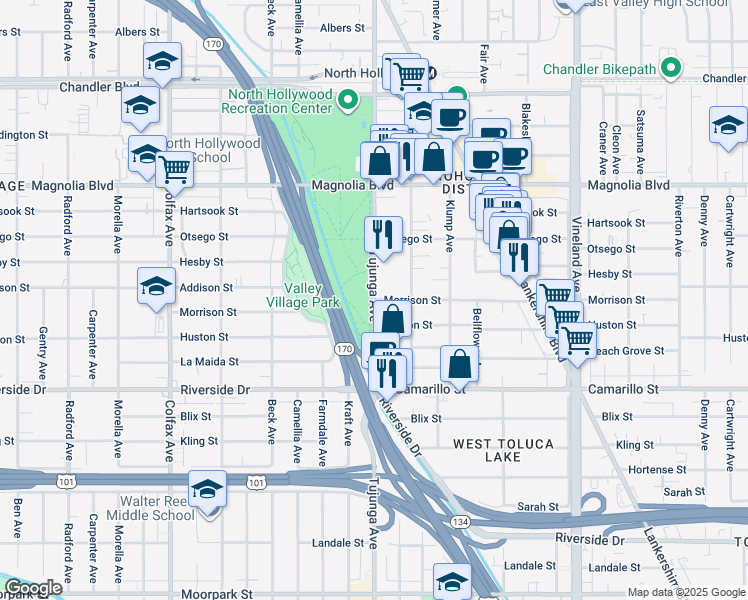 map of restaurants, bars, coffee shops, grocery stores, and more near Tujunga Avenue & Morrison Street in Los Angeles