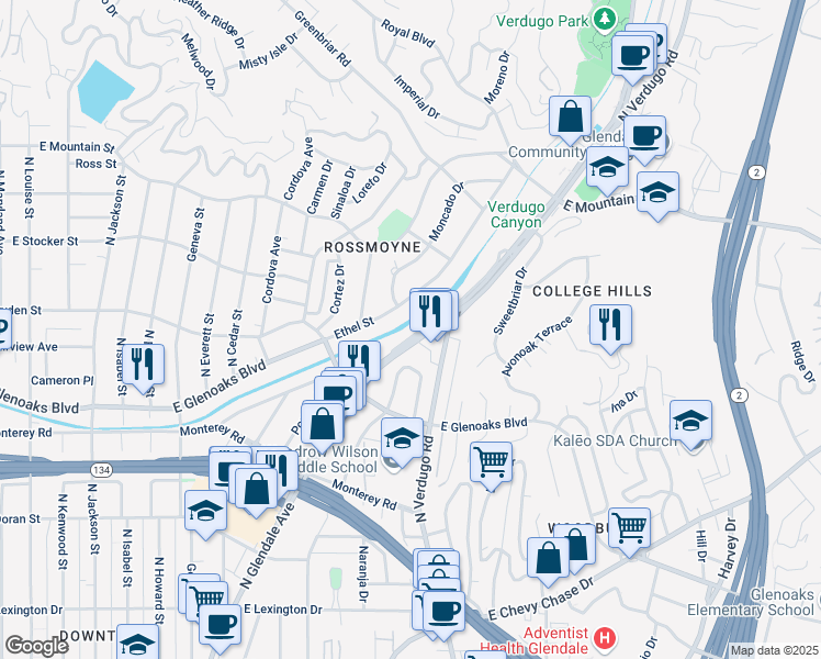 map of restaurants, bars, coffee shops, grocery stores, and more near 1039 North Glendale Avenue in Glendale