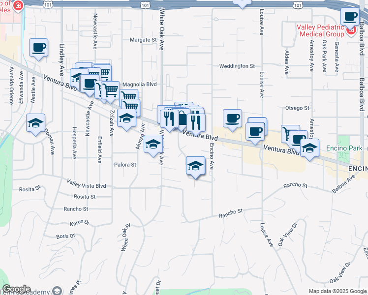 map of restaurants, bars, coffee shops, grocery stores, and more near 17605 Tarzana Street in Los Angeles