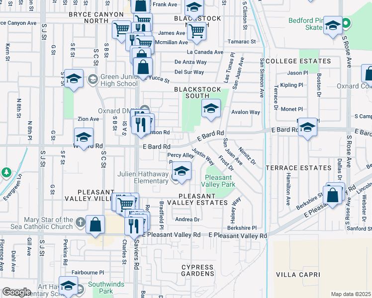 map of restaurants, bars, coffee shops, grocery stores, and more near 510 East Bard Road in Oxnard