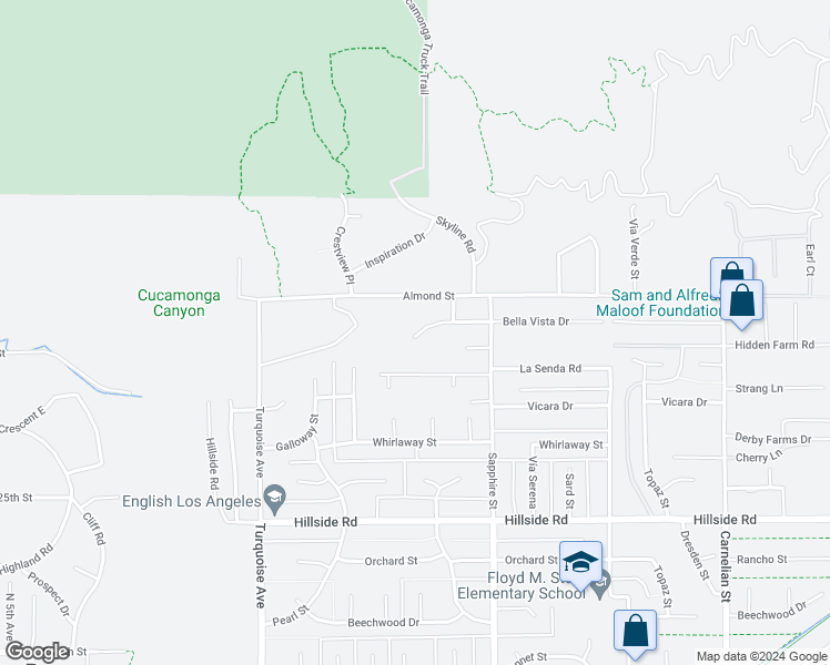 map of restaurants, bars, coffee shops, grocery stores, and more near Bella Vista Drive in Rancho Cucamonga