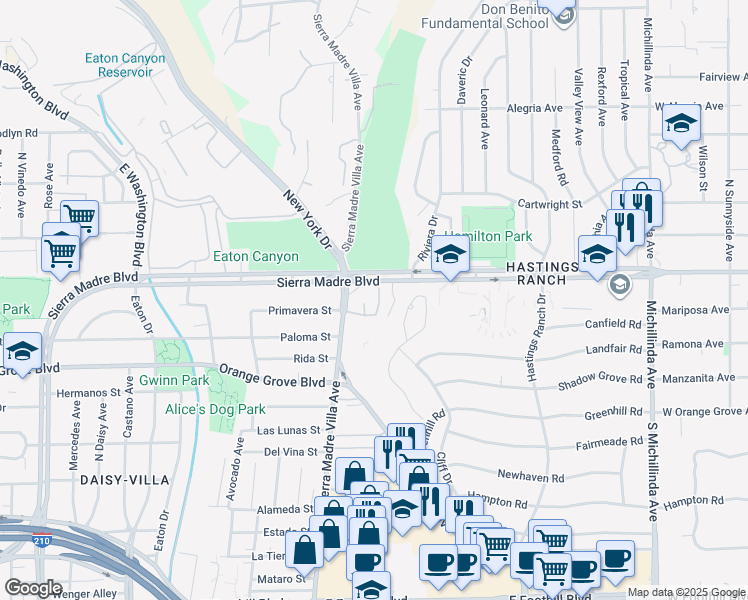 map of restaurants, bars, coffee shops, grocery stores, and more near 825 Cambridge Court in Pasadena